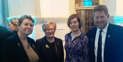 Dr Heike Deggim, Director Maritime Safety Division, International Maritime Organization, Mrs Mary Kingston, Alexandra Shackleton, Granddaughter of Ernest Shackleton, and Michael Kingston,  at the Royal Geographical Society, London, 30 January 2020, celebrating the 200th anniversary of the first sighting of Antarctica by Edward Bransfield, from Ballinacurra, County Cork, on 30th January 1820.